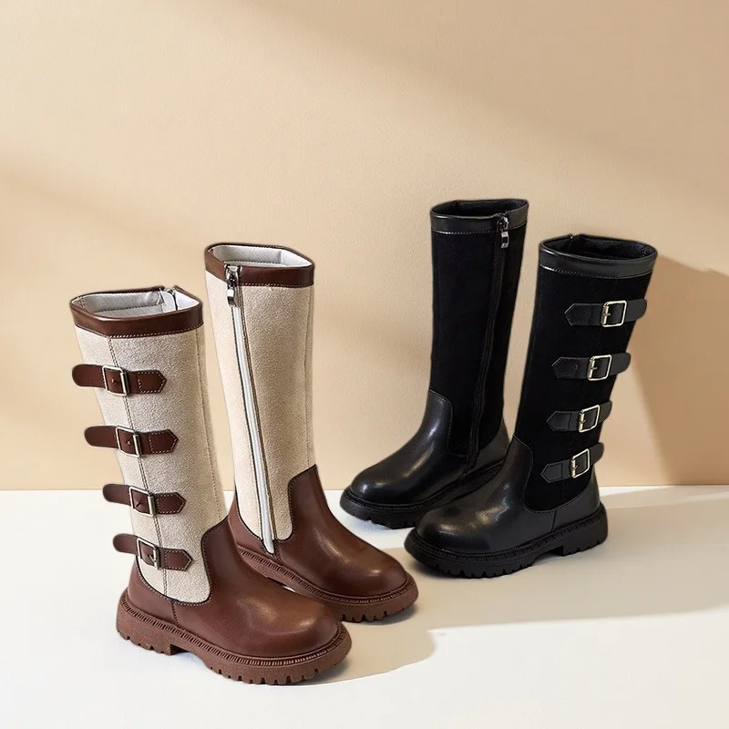 Girls Brown Knee High Boots 2026 Fall Winter New Fashion Riding Boots Kids Students Non-Slip Tall Boots Side Zipper Waterproof
