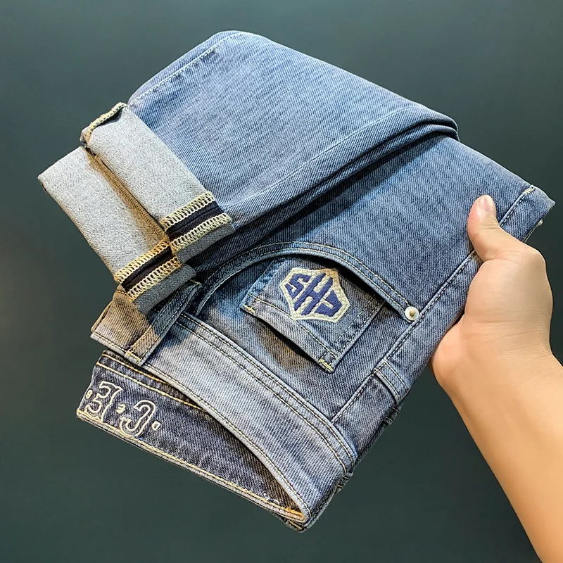 High-End Quality Men's Jeans Trendy Embroidered Straight Fashion Korean Style Handsome Blue Stretch Slim Trousers
