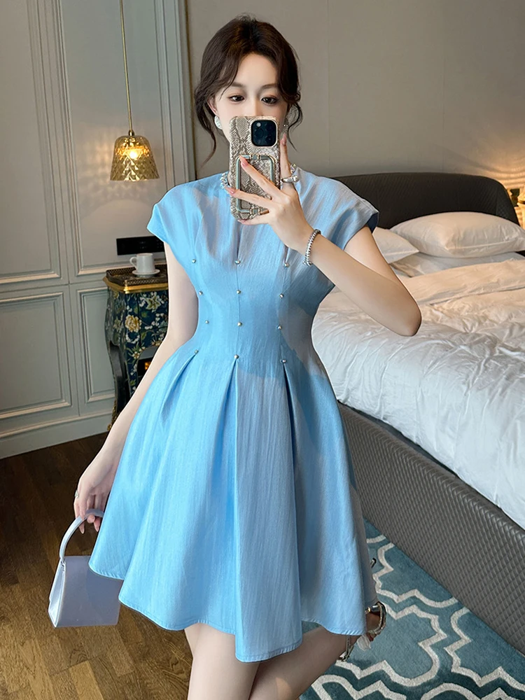 Elegant Luxury Blue Satin Summer Fashion Ball Gown Evening Dress Women Clothes Sweet O-Neck Slim Short Party Prom Vestido Fiesta