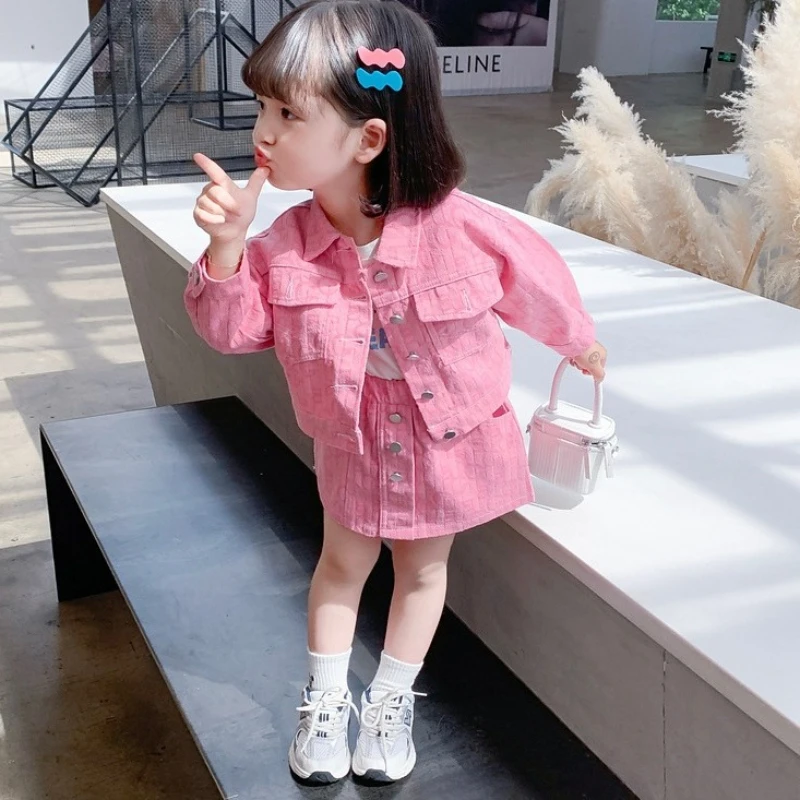 Girl Two Piece Set 2024 Autumn New Fashion Pink Cowboy Loose Coat Skirt Casual Simple Sweet Korean Active Vintage