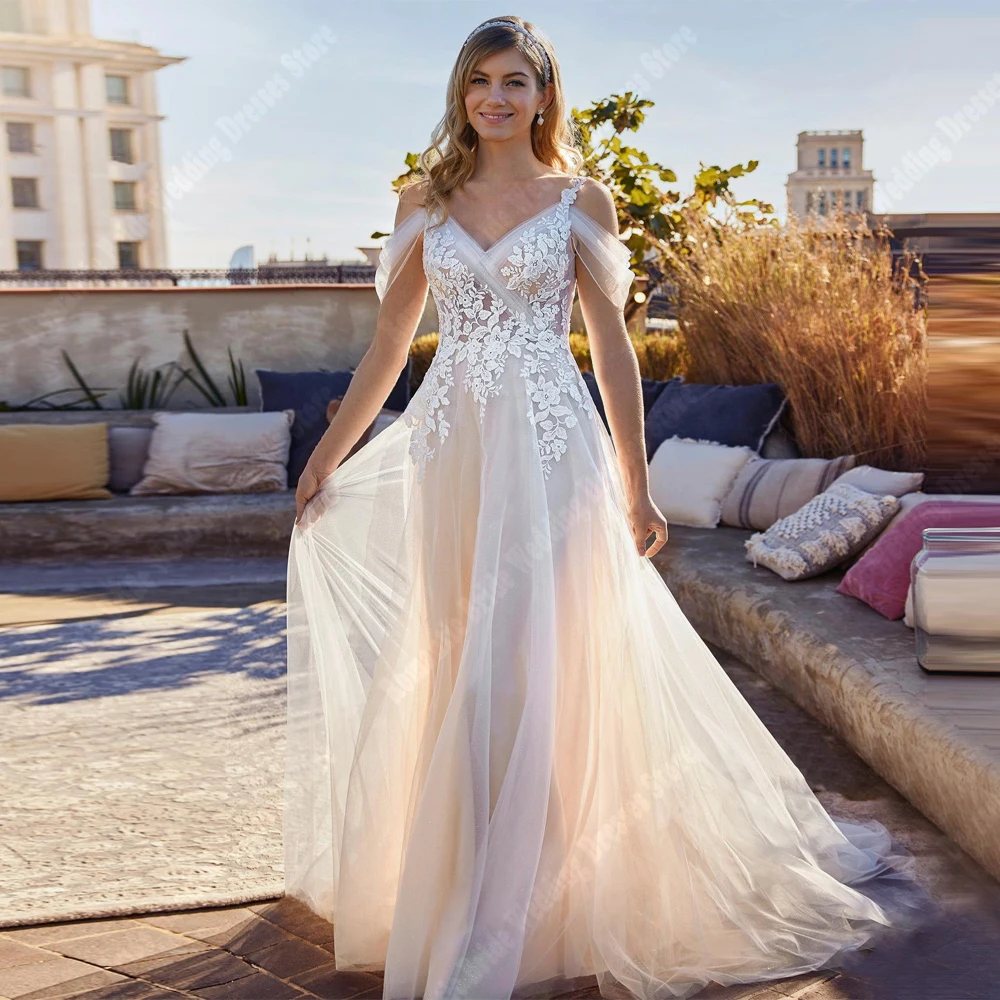

Elegant A-Line Women Wedding Dresses Off Shoulder Lace Print Princess Wedding Gowns Customized Sleeveless Vestidos De Novia 2025