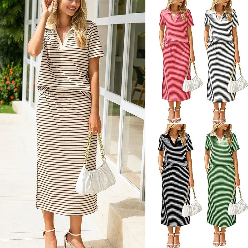 

Casual Summer Dress Women's 2-piece Striped Dresses V Neck Top Midi Skirt Set Side Slit Waist Two Piece Dress 2 Outfits Woman