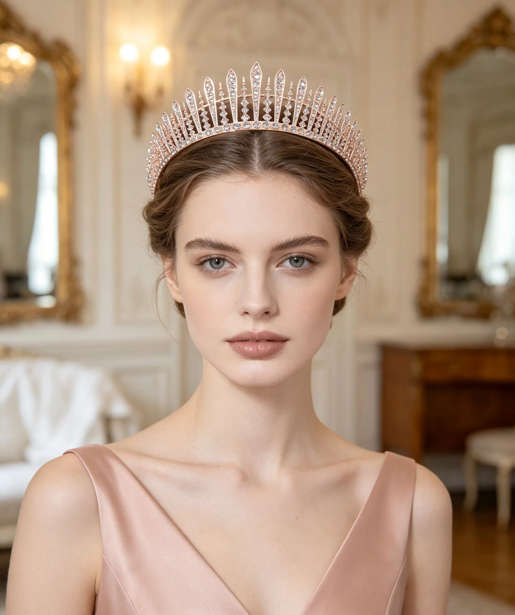 1 Piece of Vintage Elegant Gold Base Iridescent Crystal Crown, Court-Style Rhinestone Pointed Crown, Bohemian Bridal Headpiece