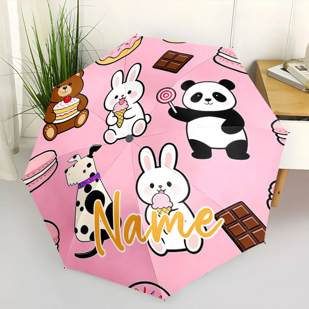 Custom Name Umbrella Cute Animal Characters on a Pink Umbrella Print 8 Iron Ribs Folding Umbrella Auto-Open Fashion Sunshade