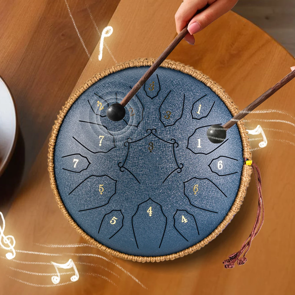 12 Inch 15 Tones Steel Tongue Drum Outdoors Rain Drum Instrument Mini Hand Drum Ethereal Drum Sticks for Yoga Meditation Healing