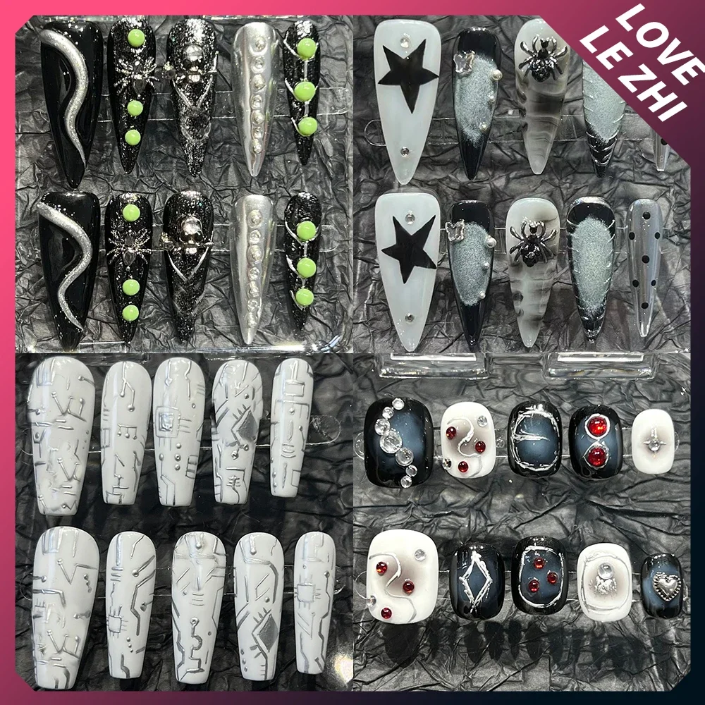 

Newest Pure Handmade Y2K Punk Almond Removable Nail Metal Spider Pearl Rhinestone Full Cover Acrylic Nail Holiday Gifts