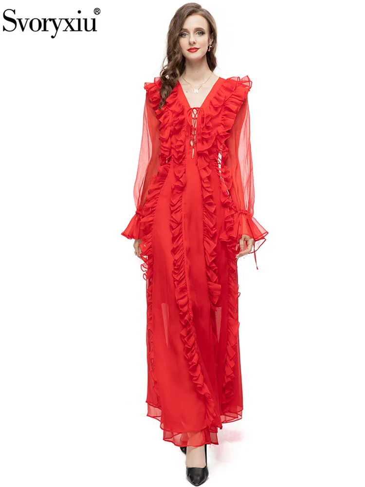 

Svoryxiu High Quality Fashion Designer Spring Vintage Red Color Ankle-Length Dress Women's Flare Sleeve Ruffles High Waist Dress