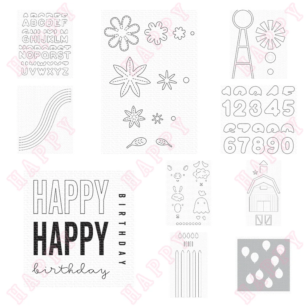 Alphanumeric Happy Pinwheel Metal Cutting Dies Stamps Stencil Scrapbook Diary Decoration Manual Handmade For 2022 Embossing New