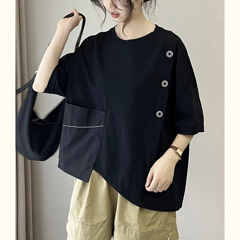 Summer O Neck Women Short Sleeve T Shirt Spliced Irregular Fashion Vintage Literary All-match Oversized Clothing Top Black White