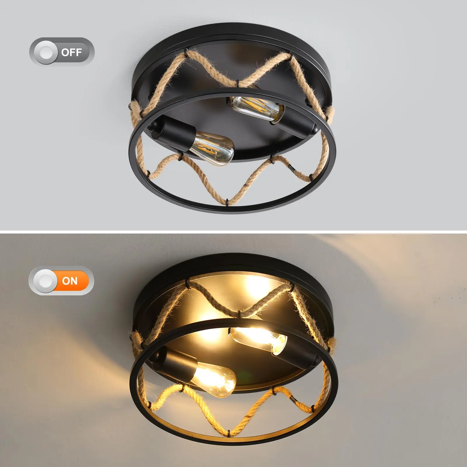 Retro Ceiling Light Black Ceiling Lamp 2-Light Living Hemp Rope Ceiling Light Fixture For Room Dining Room Loft Hallway Loft