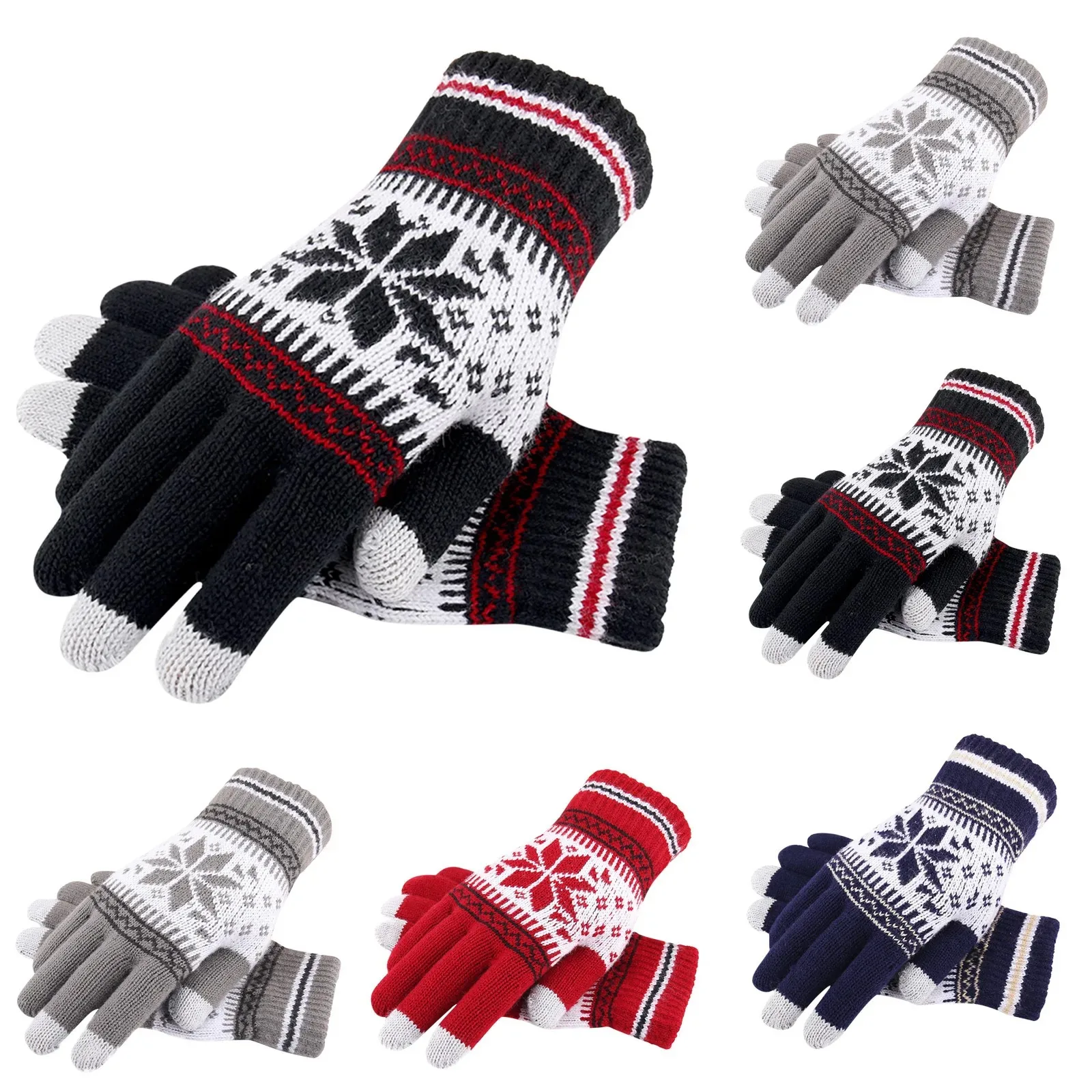 Moda inverno luvas quentes mulheres homens estiramento de malha floco de neve dedo cheio guantees unisex luvas grossas tela toque