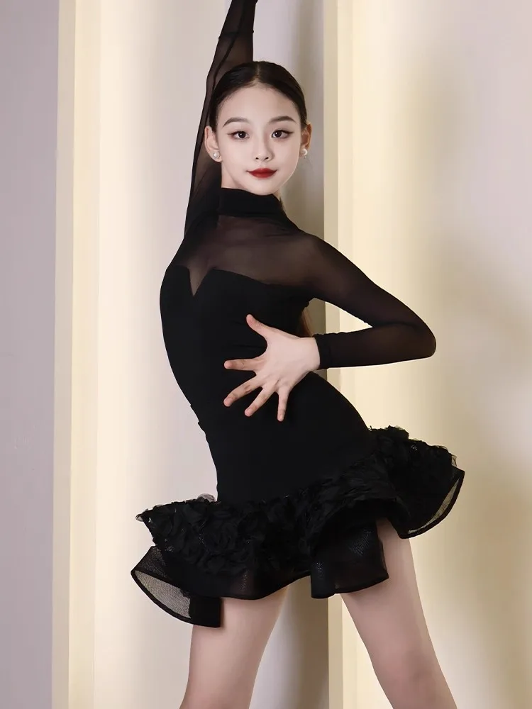 أطفال الشتاء شبكة سوداء طويلة الأكمام الفتيات فستان رقص اللاتينية تشاتشا رومبا ملابس الرقص أزياء مسرحية مرحلة ارتداء DQL12009