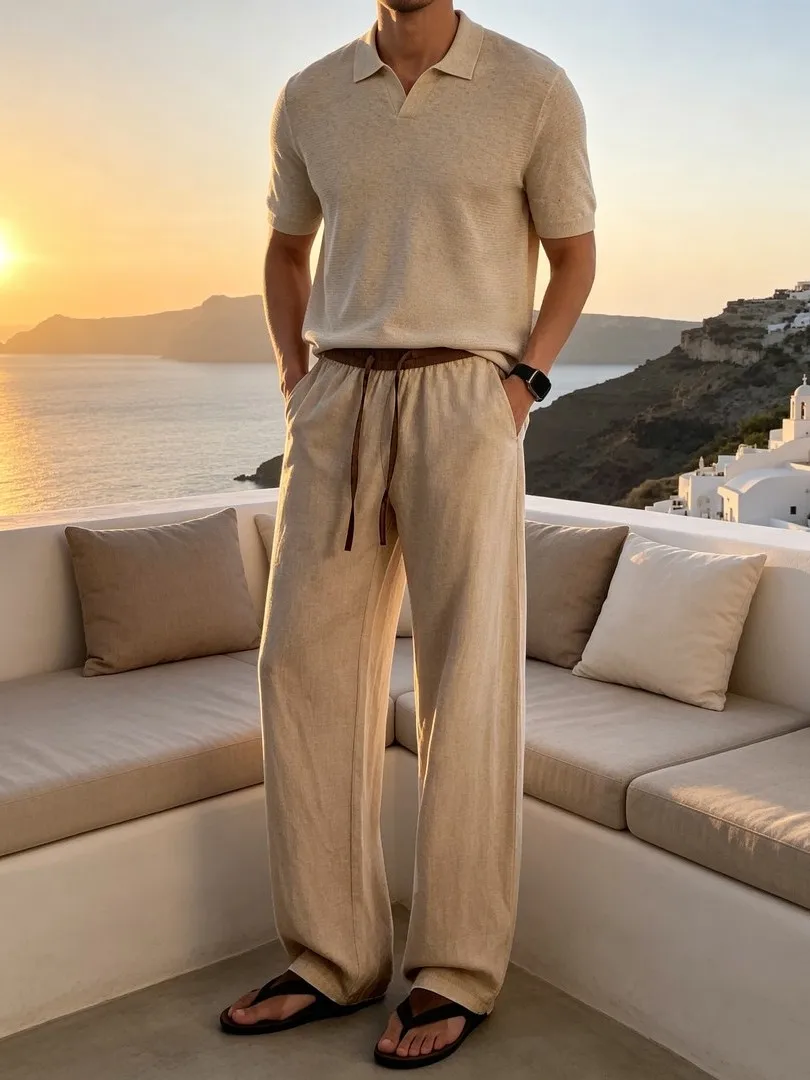 Men's Summer Casual Loose Straight Leg Pants Breathable Thin Simple Design Comfortable Polyester Fiber mid Waist Trousers