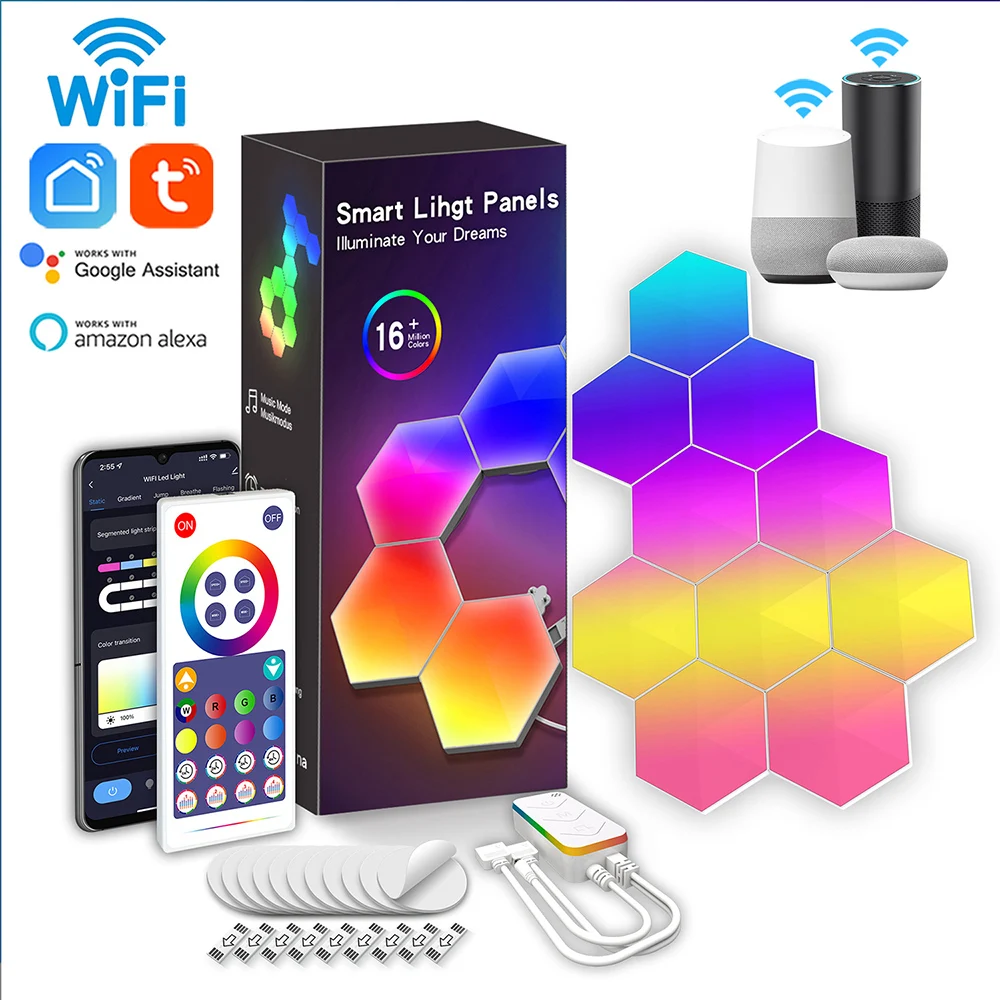 WIFI LED Hexagon Lights RGBIC Music Sync Indoor Smart Wall Lamp DIY Modular Panel Night Light APP Remote Computer Game Decor