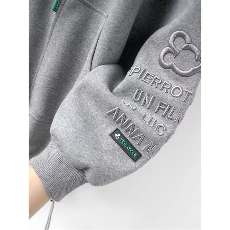 Plus Velvet Padded Sweater Hooded Coat 2026 Female Joker Winter New Mickey Heavy Lndustries Embroidered Letters Zipper Coat Tide