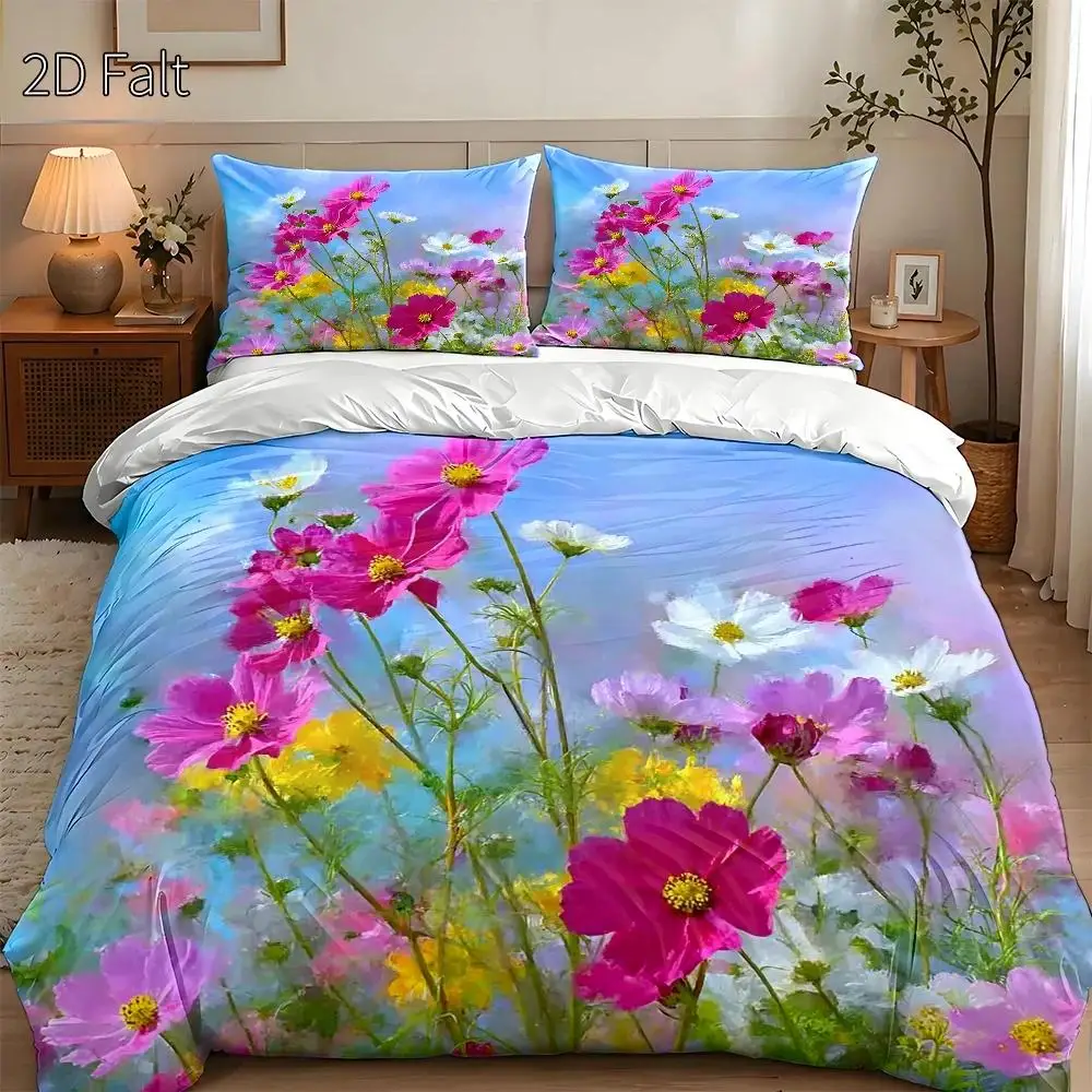 3-Piece Quilt Cover Set, 1 Quilt Cover + 2 Pillowcases (Without Filling) 2D Flat Printing, Three-Piece Quilt Cover Set, Colorful Floral Theme, Impressionist Style, Spring Floral Festival, Suitable for All Seasons, Machine Washable, Invisible Zipper, Large Quilt Cover Set, Bedding Set, Skin-Friendly and Breathable, Soft and Comfortable, Does Not Fade or Pill, for Home/Dormitory