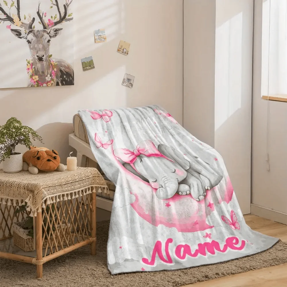 Personalized Custom Name/Text Cute Elephant Pattern Flannel Blanket, Soft and Comfortable,Suitable for Office, Home,Holiday Gift