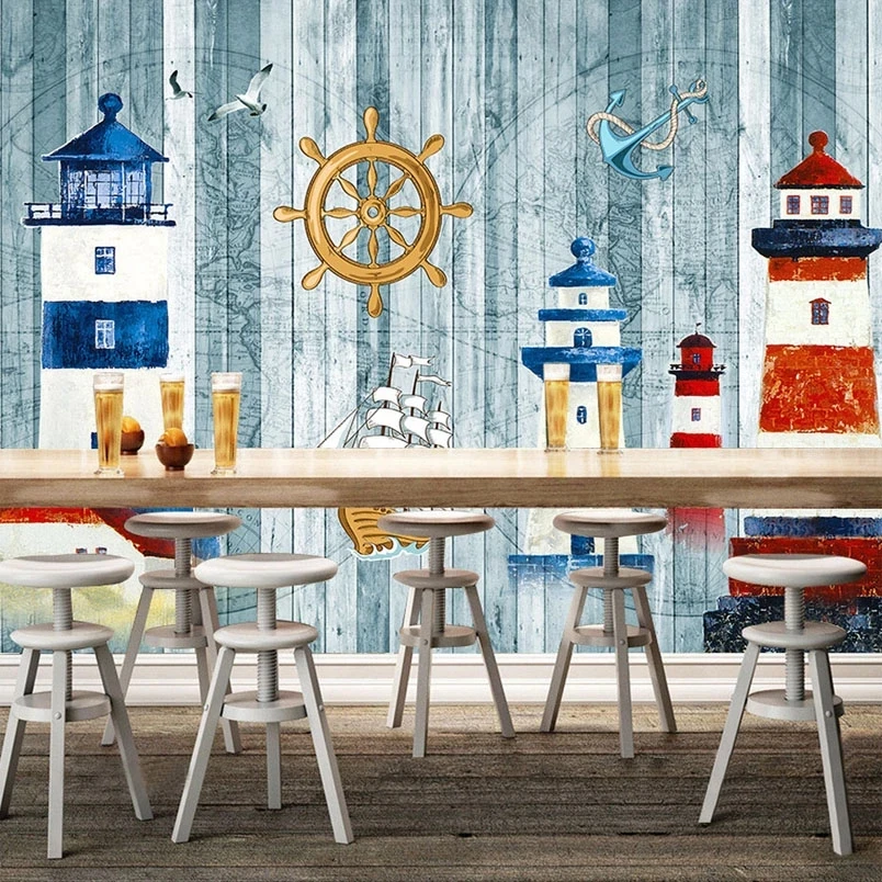 Customized 3D Wallpaper Cartoon-themed Navigation Sailboat Sea Tower Wall Mural Kids Children's Room Backdrop bedroom restaurant