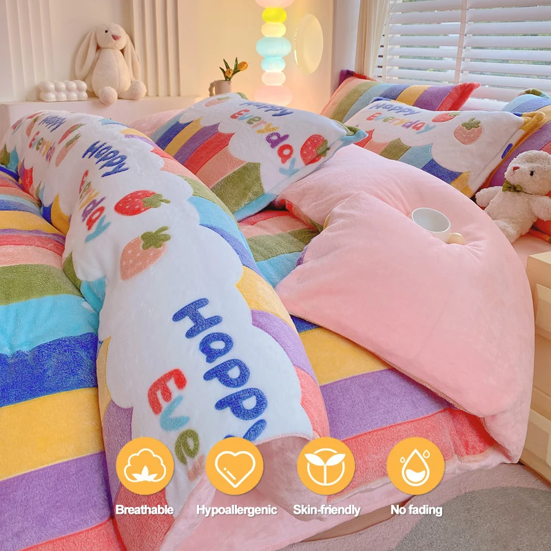 Rainbow Striped Flannel Duvet Cover No Pillowcase, Ultra Soft Cozy Bedding Quilt Cover Warm for Kids Teens Adults Bedroom Decor