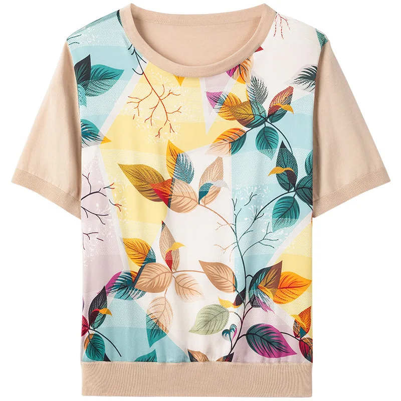 Birdsky, 1PC Donna pullover maglione tee T-shirt top manica corta 90% seta di gelso 10% spandex stampa, S-1042