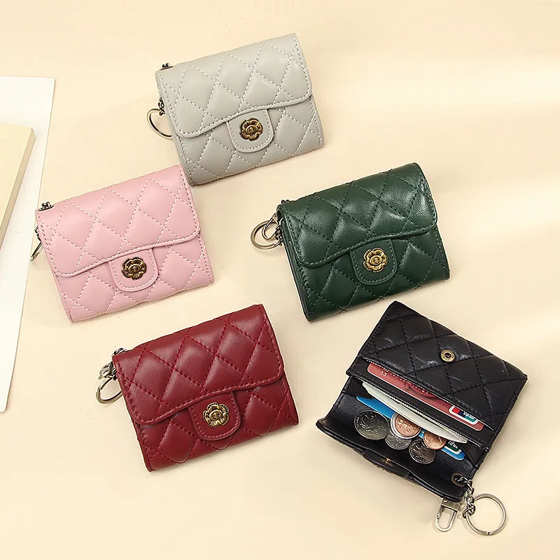 

Genuine Leather Short Women Wallet Hasp Portable Female Purse Envelope Classic Rhombus Clutch Card Holder Slim Coin Card Holders