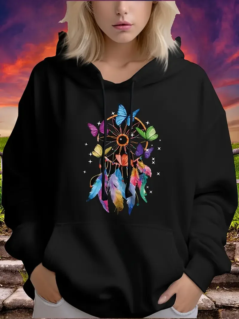 Y2k Hoodie Women's Plus Size Colorful Feather Butterfly Pullover Long Sleeve Hooded Sweatshirt Tops 550g K Pop Demon Hunters