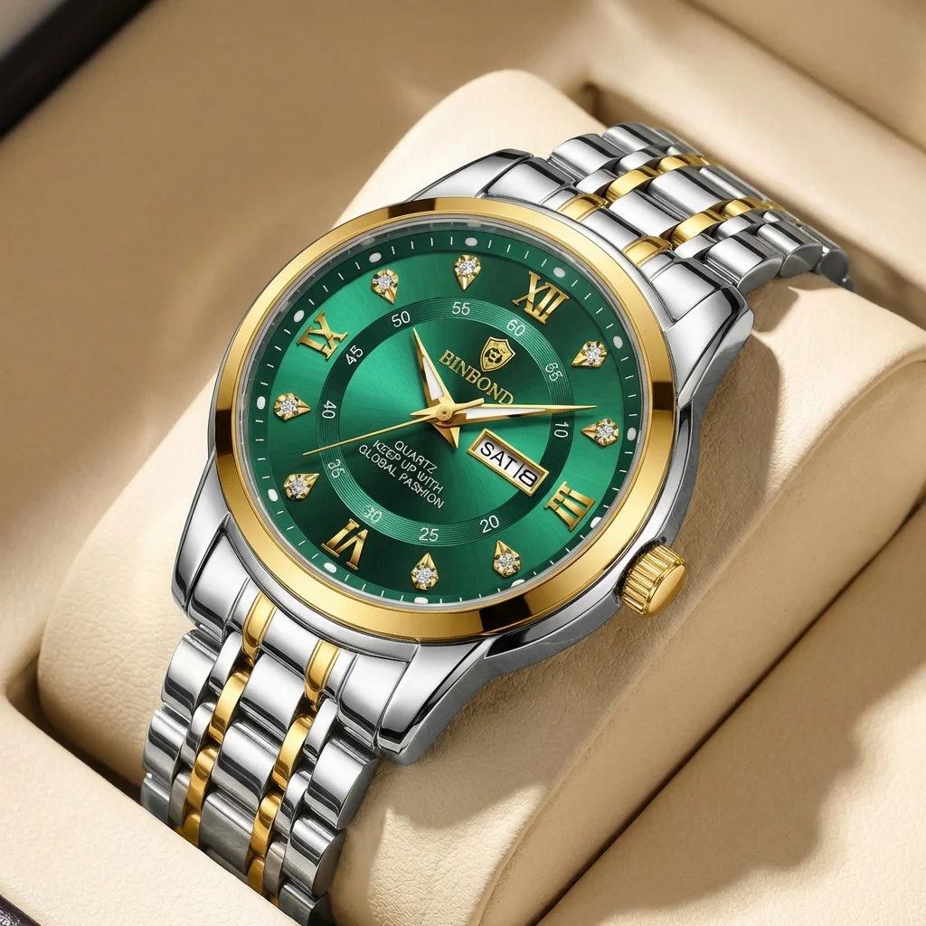 1pc Fashion Watch with Green Dial, Roman Numerals, Dual Calendar, Metal Strap, Simple and Elegant, Exquisite and Trendy