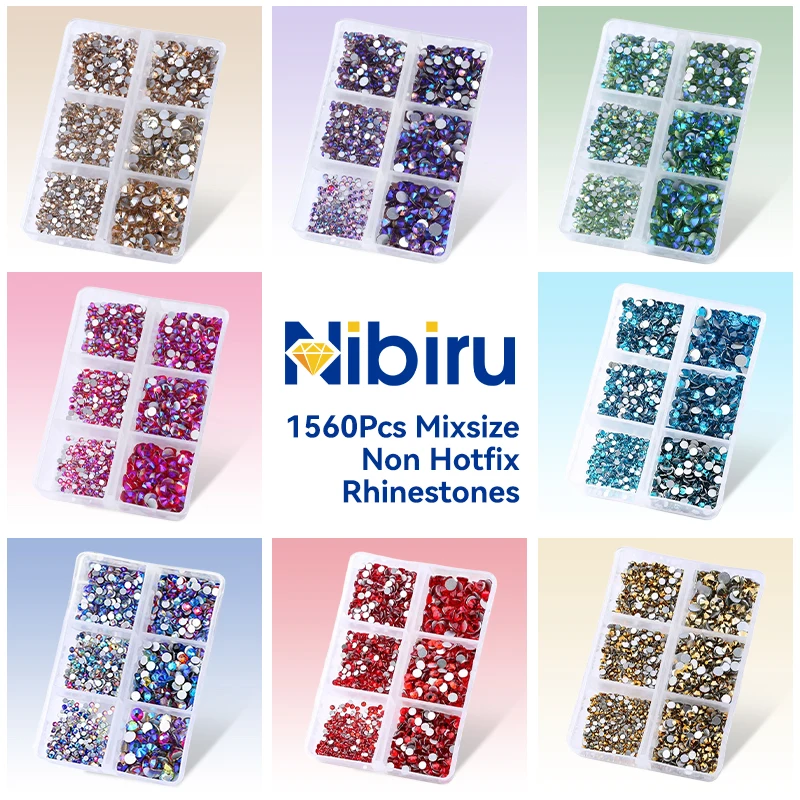 Nibiru 1560Pcs Mixsize Non Hotfix Rhinestone Set SS6-SS20 Flatback Crystal Stones for DIY Clothing Nail Art Crafts Decoration