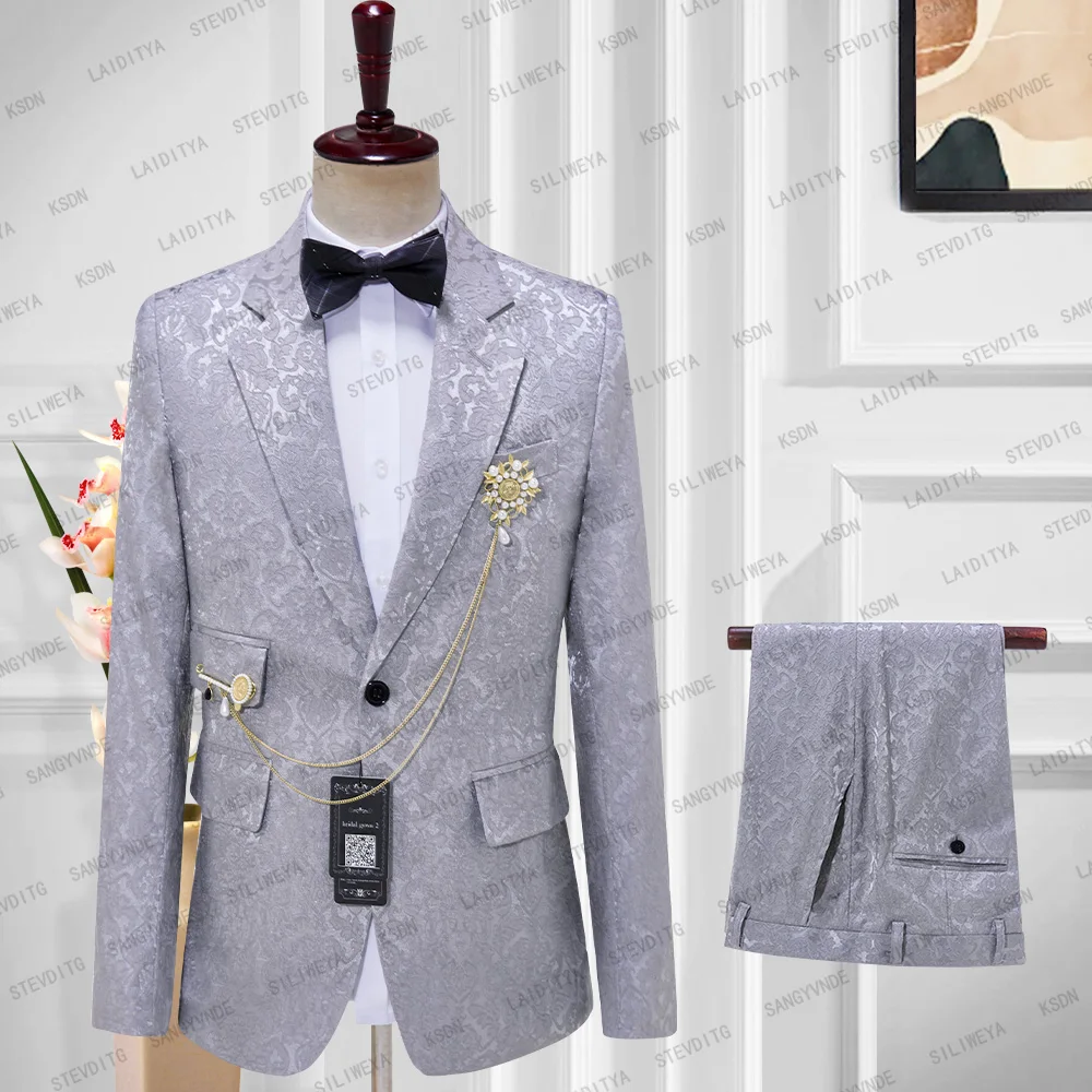 

2023 Men's Suit 2 Piece Set Blazers Pants Grey Jacquard Floral Classic Business Gentleman Formal Groom Wedding Dress Plus Size