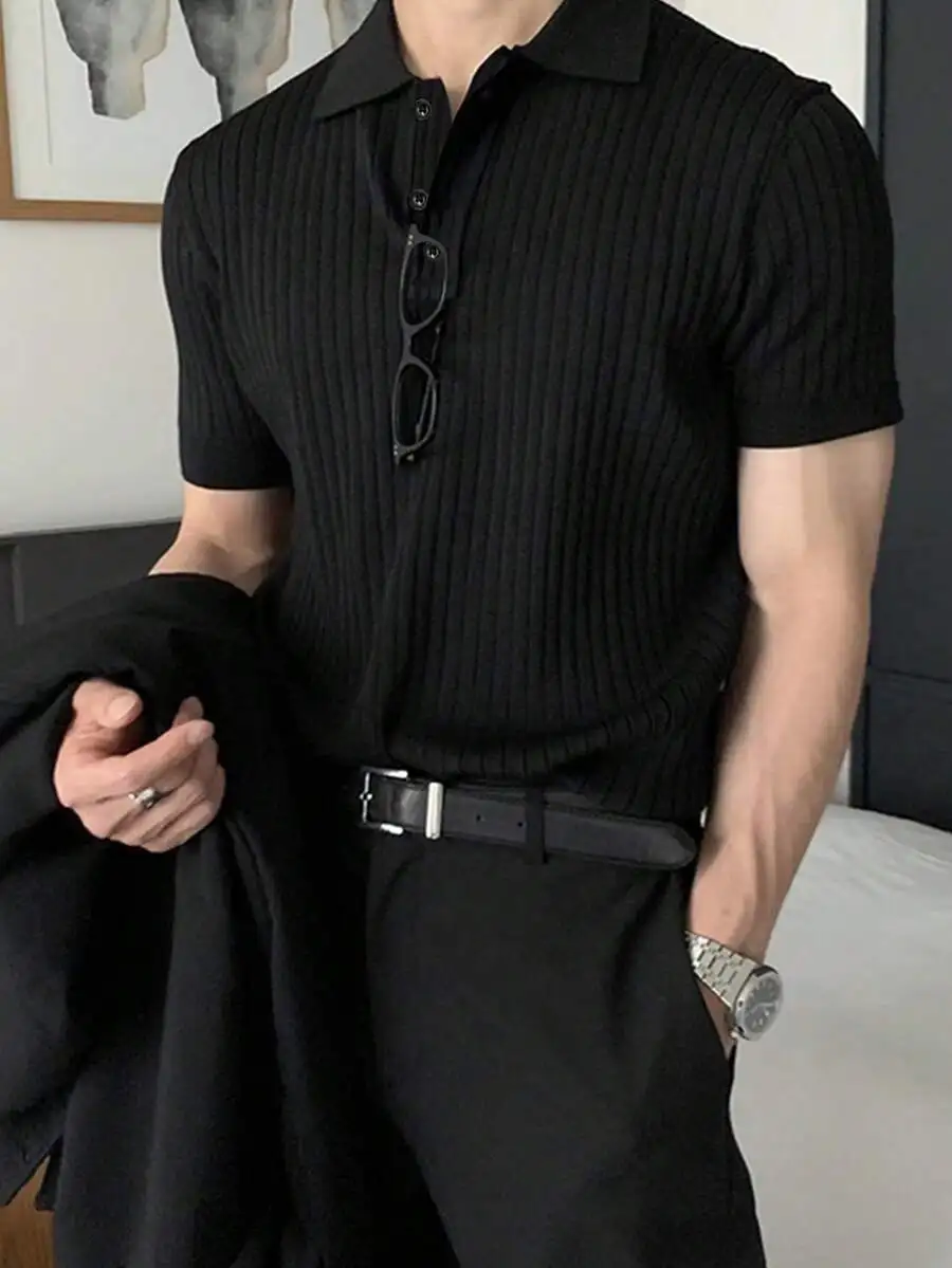 

Men's Short Sleeve Ribbed Knit Polo Shirt, Classic Fit, Black