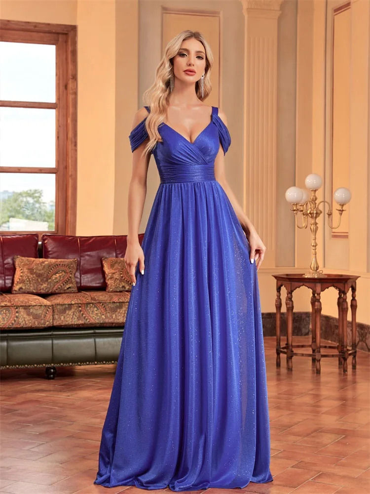 

Lucyinlove Elegant Blue Formal Evening Dress Women 2024 Shining A-line Wedding Party Maxi Gown Women Sexy Split Backless Dresses