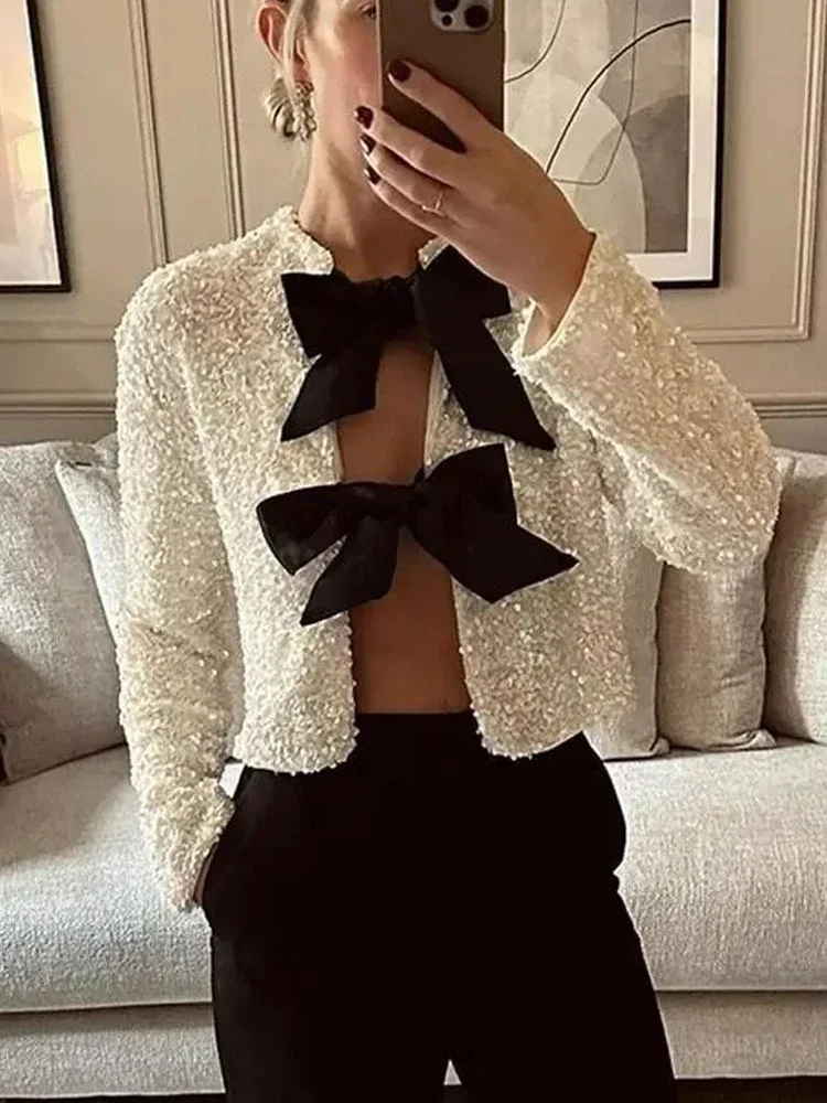 

Fashion Shiny Bow Sequin Jacket Women Merry Christmas Elegant Long Sleeve Coat Y2K Chic Cropped Tops High Street Lady Outerwear