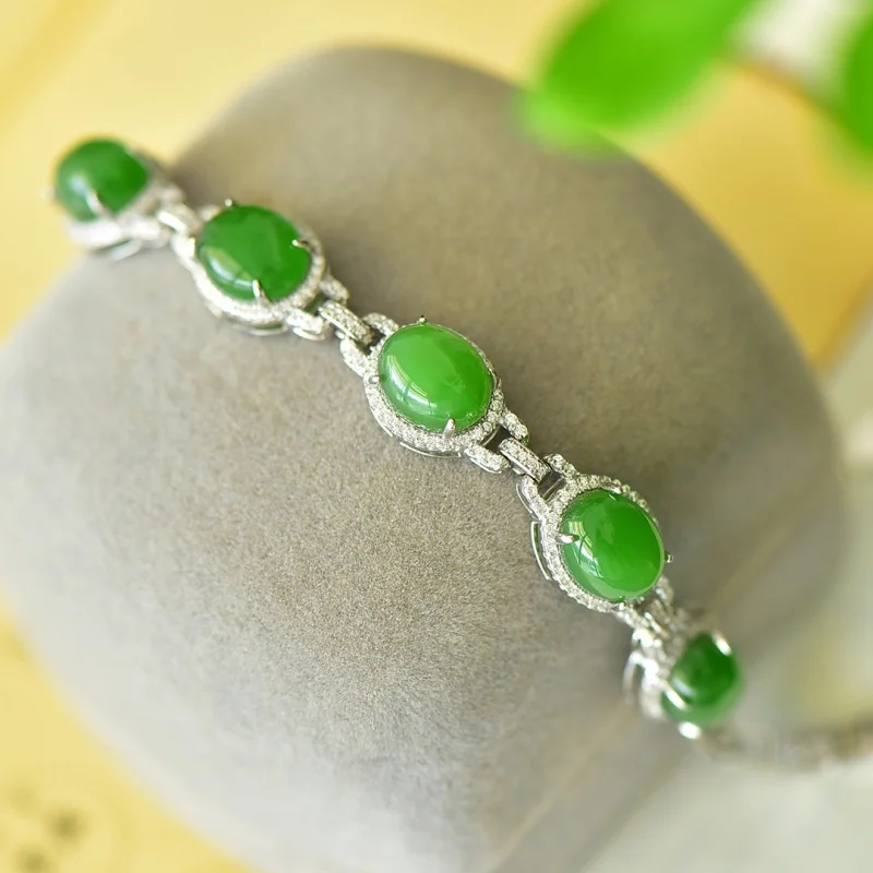 SGARIT Authentic Jadeite Hetian Jade S925 Silver Inlay 10*18mm Cabochon Fashion Chain Bracelet Aesthetic Comfort Fine Texture