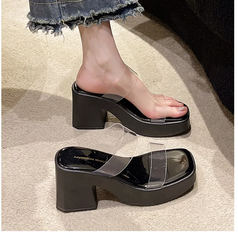 Thick Soled Thick Heeled Sandals Transparent Double Broadband Casual Slippers Large Size Sandals Women босоножки женские