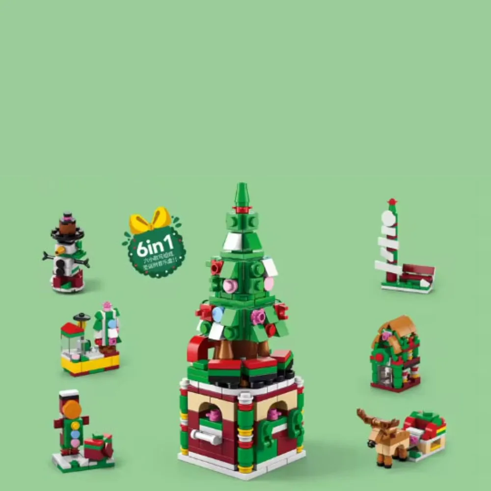 Zestaw klocków do budowania z motywem świątecznym, pozytywka choinkowa, zabawka dla dzieci, prezent, układanka, ozdoba.