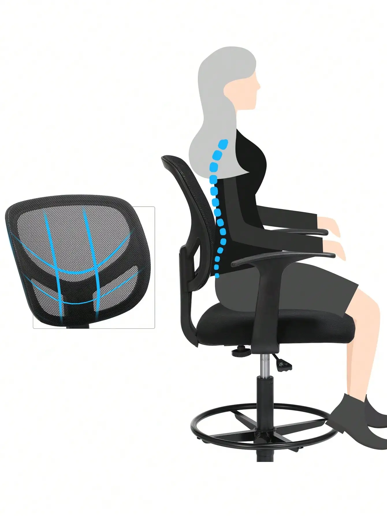 كرسي دوار شبكي مع ارتفاع قابل للتعديل ومسند للقدمين ، كرسي مكتب مريح ، مساند للذراعين ، مقعد من القماش ، حمولة قصوى #2