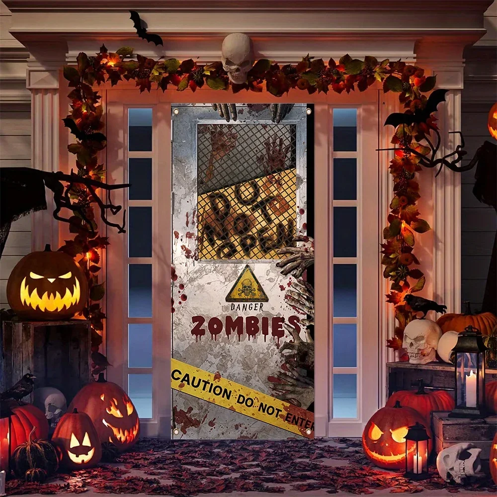 Bannière de porte décorative pour Halloween - Bannière en polyester « Zombie Alert », adaptée à une utilisation en intérieur/extérieur.