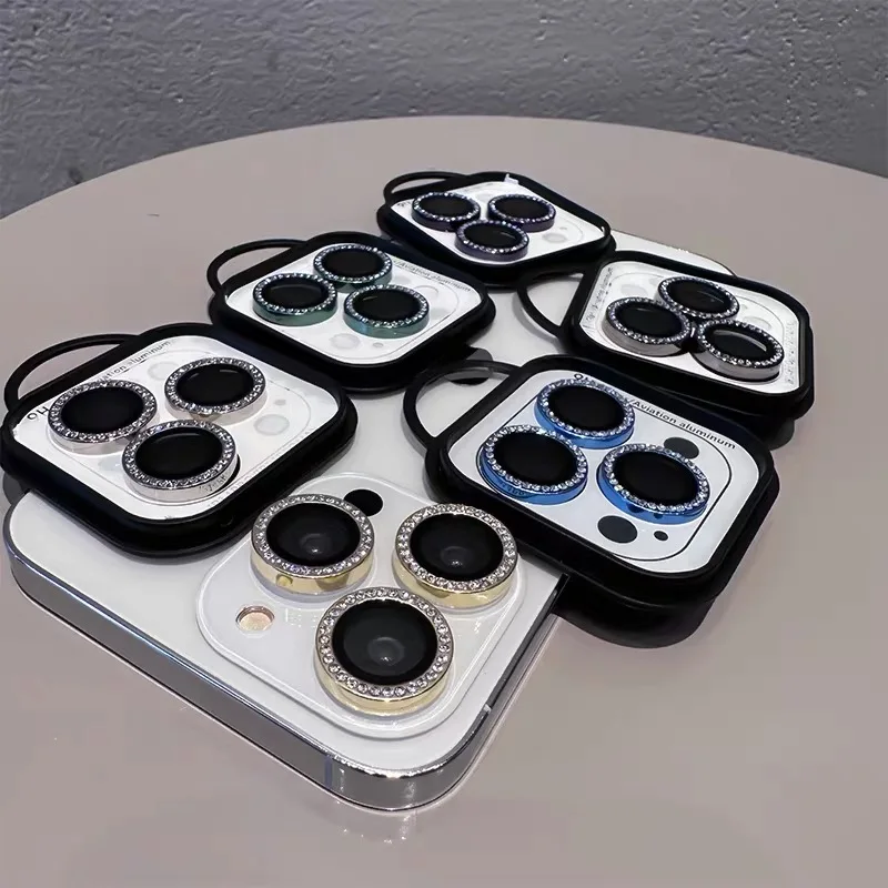 2-3Pcs Diamond Flash Camera Lens Protector For IPhone 17 16 15 Pro Max 14 15 Plus 12 13 Mini Glitter Brick Metal Ring Lens Glass