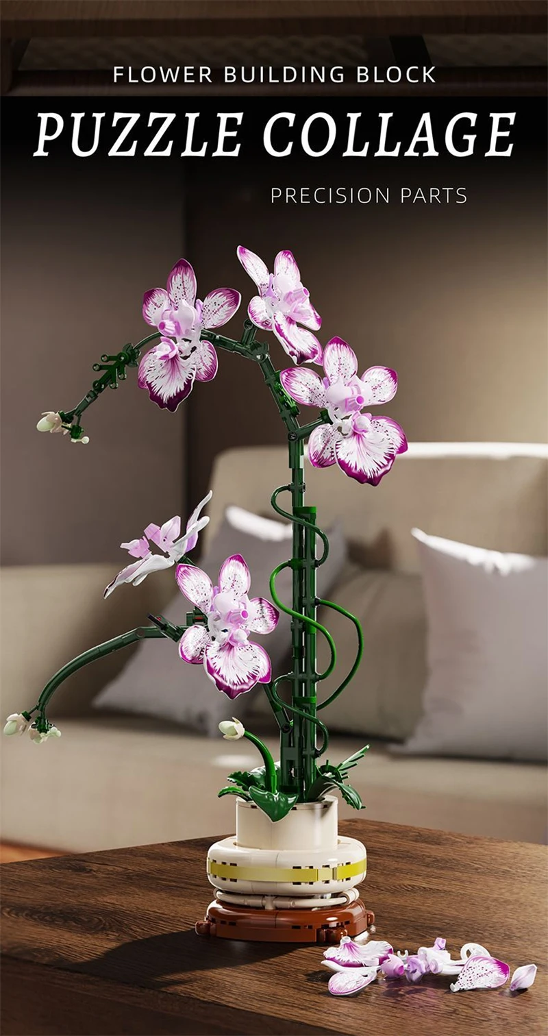 Kreativer Orchideen-Blumenstrauß, Blumen im Topf, Bausteine, unsterbliche Blume, Heim- und Schreibtischpflanzen-Dekoration, zusammenbaubares Baustein-Spielzeug, Geschenk für Teenager. – Detail 4
