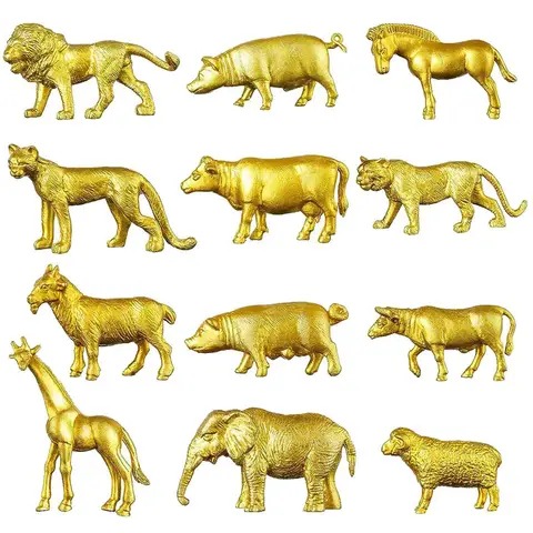 12 pçs estatuetas de animais de plástico ouro brinquedos zoológico safari animais decoração mini bolo da selva toppers para festa de aniversário temática