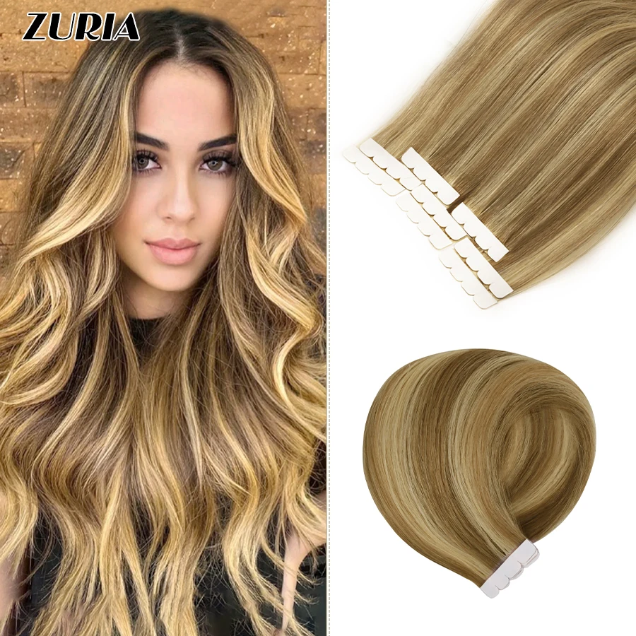 ZURIA Mini Tape in Hair Extensions Human Hair 12’-18’’Inch 8pcs Human Hair Invisible Seamless Skin Weft Adhesive hair extensions