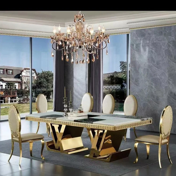 

# Dining Room High End Luxury Stainless Steel Unique Big Size Marble Stone Dining Tables