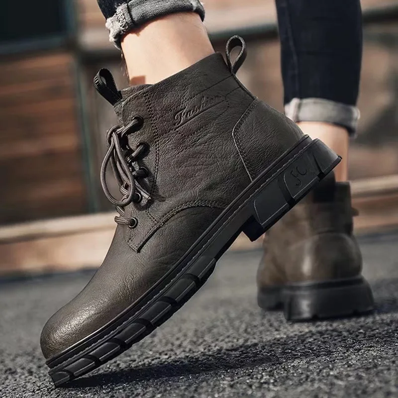 Short boots men's autumn 2025  new high top men's British casual black leather shoes workwear