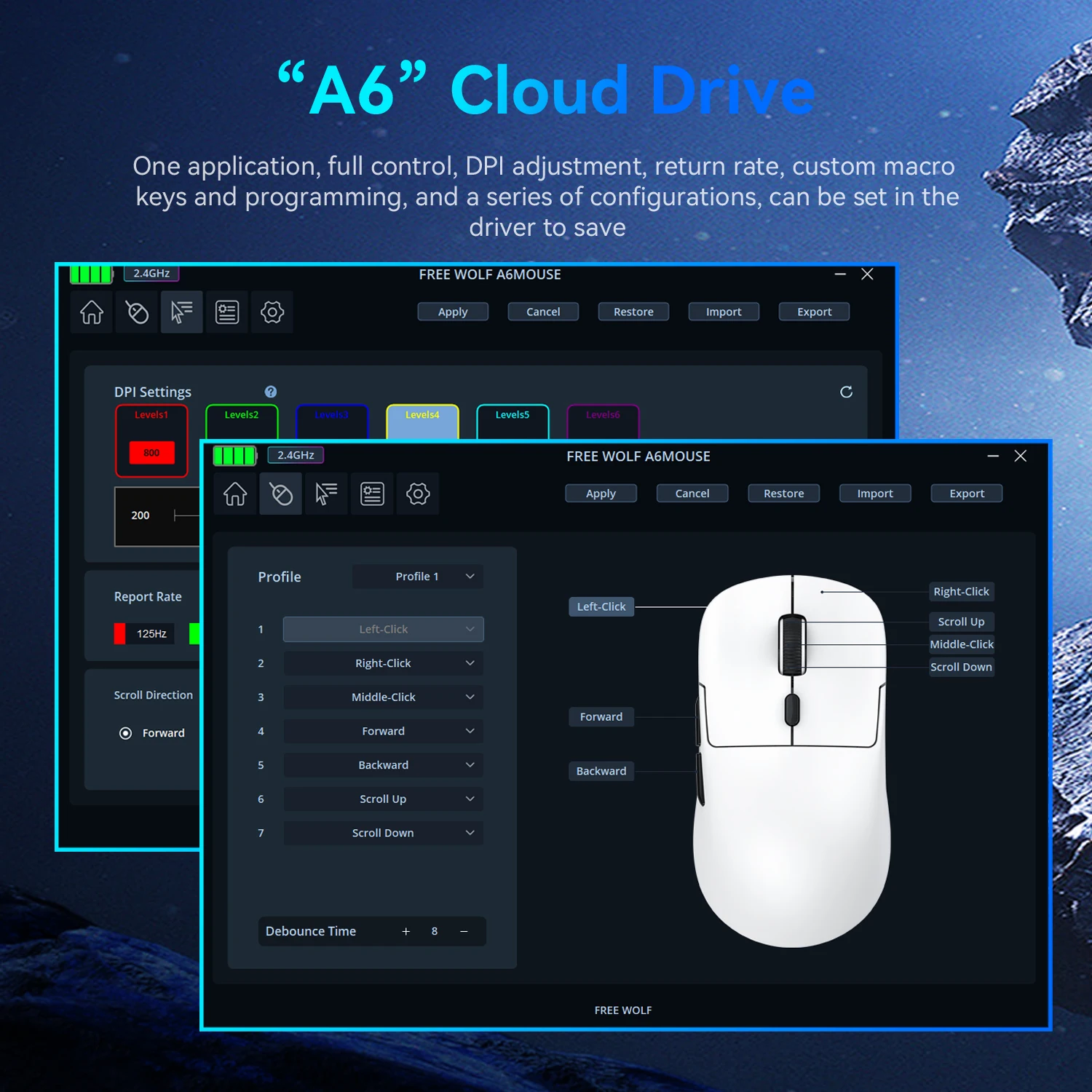 FREEWOLF A6 Ratón inalámbrico Bluetooth ultraligero para juegos Sensor PAW3311, 24000DPI, RGB, Compatible con PC/portátil