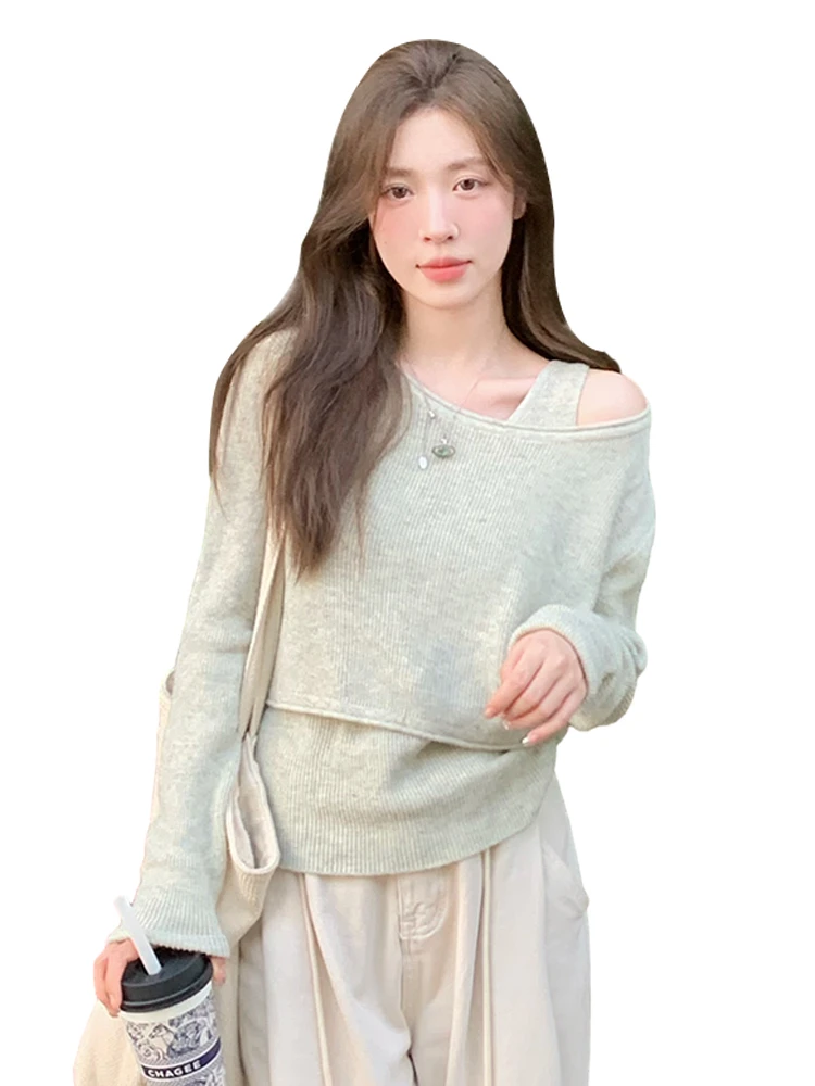 

Spring Autumn Knitted Strap Cover up Two Piece Set Women's Faionable Beautiful Top Lazy Long Sve irt Sweet Sle