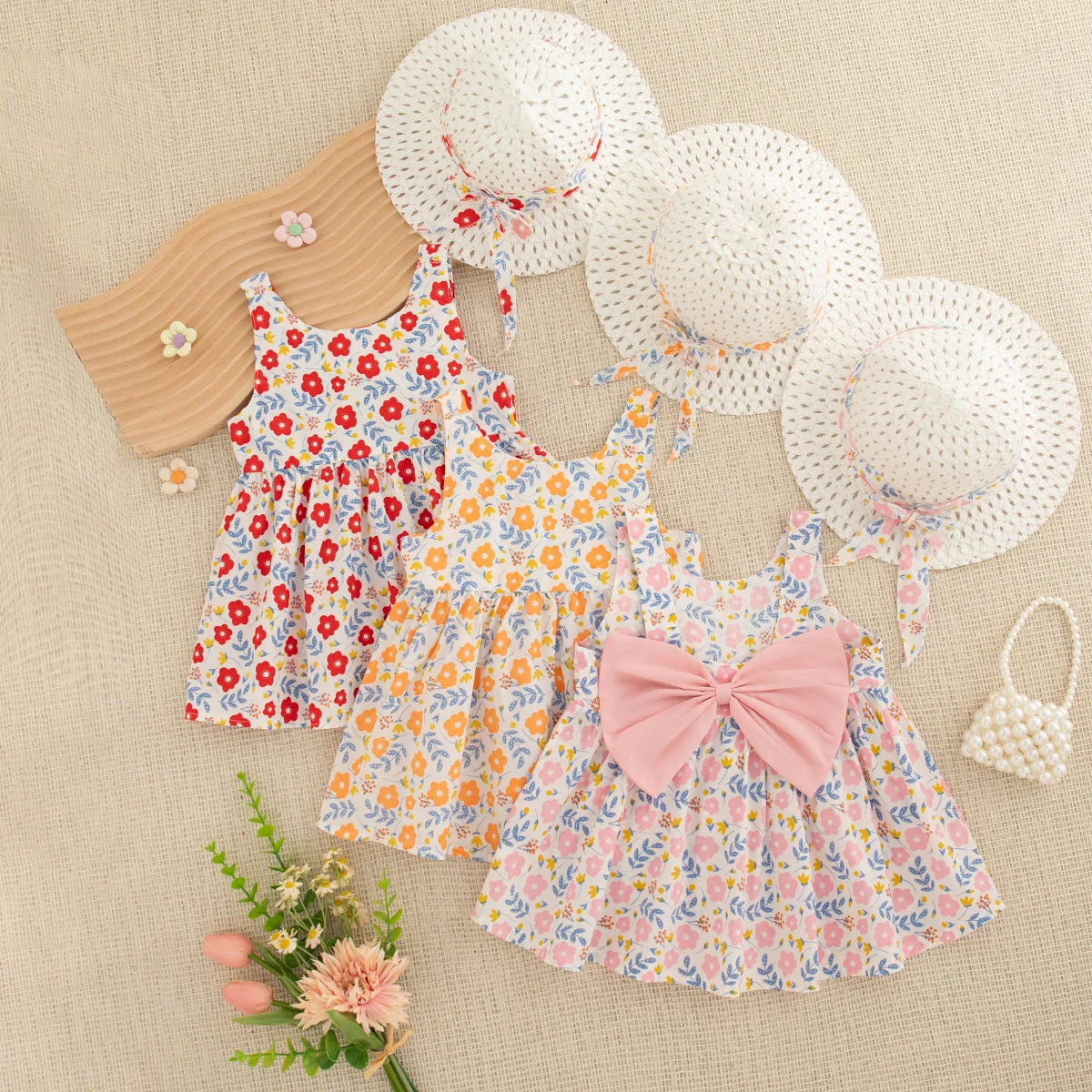Tenue d'été pour bébé fille, avec chapeau de plage, style coréen tendance, motif floral rouge mignon, grand nœud, robe décontractée douce pour tout-petit, idéale pour les vacances.