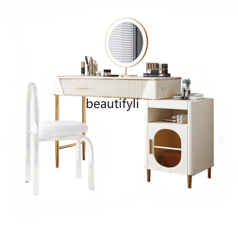 French Cream Style Paint Dressing Table Bedroom Simple Modern Three-Color Variable Light Storage Type Dresser with Mirror