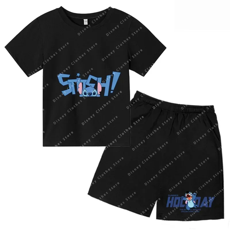 New Kawaii Lilo Stitch Funny Cartoon T-shirt Kids Stitch Cute comic T-shirt Y2k Graphic Street Wear Top Short sleeve T-shirt set