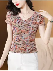 Spring Summer Fashion Eye-pleasing Printed Flowers Elegant Double Layer Woman T-shirt Short Sleeves V-neck Female Mesh M-4XL