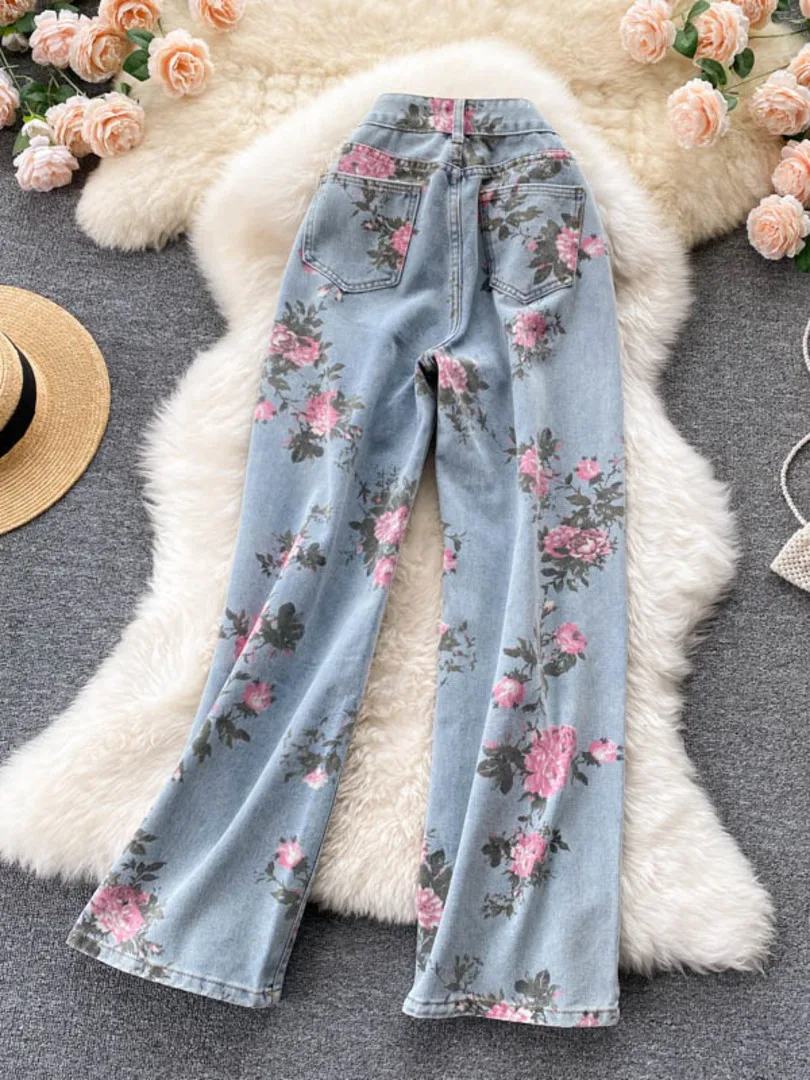 Flowers Print Jeans Women Vintage High Waist Denim Long Pants 2024 Fashion Autumn Casual Wide Leg Full Length Denim Trousers